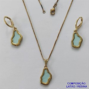 CONJUNTO NO BRUTO PRONTO PARA O BANHO(CX124) - CORRENTE VENEZIANA 45CM E PINGENTE E BRINCOS ARGOLINHAS DE PRESSÃO NUVEM AZUL CLARA 10X17MM - PESO: 6,3GR - BRU14962