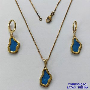 CONJUNTO NO BRUTO PRONTO PARA O BANHO(CX124) - CORRENTE VENEZIANA 45CM E PINGENTE E BRINCOS ARGOLINHAS DE PRESSÃO NUVEM AZUL 10X17MM - PESO: 6,3GR - BRU14964