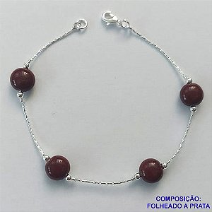 PULSEIRA FOLHEADA A PRATA COM 50 MILÉSIMOS + VERNIZ DIAMOND - PULSEIRA COM PEDRAS DE PORCELANA MARROM - TAMANHO: 18CM + FECHO LAGOSTA PRA425