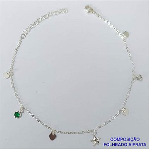 TORNOZELEIRA FOLHEADA A PRATA COM 50 MILÉSIMOS + VERNIZ DIAMOND - TORNOZELEIRA 22CM COM ESTRELA E CORAÇÃO COM STRASS - FECHO LAGOSTA PRA431