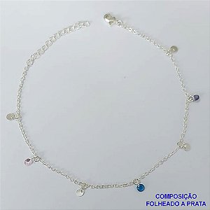 TORNOZELEIRA FOLHEADA A PRATA COM 50 MILÉSIMOS + VERNIZ DIAMOND - TORNOZELEIRA 22CM COM BOLINHAS LISAS E ZIRCÔNIAS COLORIDAS- FECHO LAGOSTA PRA432