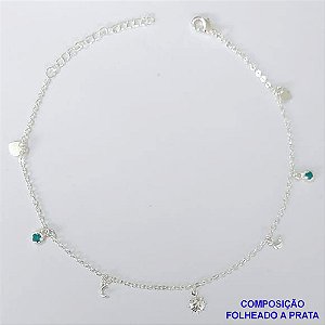TORNOZELEIRA FOLHEADA A PRATA COM 50 MILÉSIMOS + VERNIZ DIAMOND - TORNOZELEIRA 22CM COM SOL E PEDRAS CRISTAIS VERDE- FECHO LAGOSTA + EXTENSOR PRA433