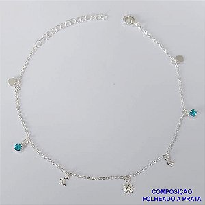 TORNOZELEIRA FOLHEADA A PRATA COM 50 MILÉSIMOS + VERNIZ DIAMOND - TORNOZELEIRA 22CM COM SOL E STRASS AZUÍS - FECHO LAGOSTA + EXTENSOR PRA434