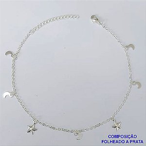 TORNOZELEIRA FOLHEADA A PRATA COM 50 MILÉSIMOS + VERNIZ DIAMOND - TORNOZELEIRA 22CM COM ESTRELAS E SOL E LUA - FECHO LAGOSTA + EXTENSOR PRA435