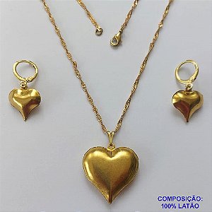 CONJUNTO NO BRUTO PRONTO PARA O BANHO - (CX.127)  CONJUNTO COM CORRENTE SINGAPURA 45CM E BRINCO ARGOLINHA DE PRESSÃO COM CORAÇÃO DUPLO 15MM E PINGENTE CORAÇÃO DUPLO 26MM - PESO: 5,4GR - COMPOSIÇÃO: 100% LATÃO - BRU14988