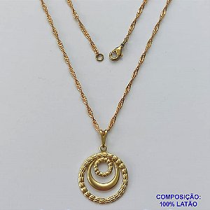 GARGANTILHA NO BRUTO PRONTA PARA O BANHO - (5749) (CX.127)  GARGANTILHA COM CORRENTE SINGAPURA 45CM E PINGENTE REDONDO VAZADO 20MM - PESO: 2,6GR - COMPOSIÇÃO: 100% LATÃO - BRU14991