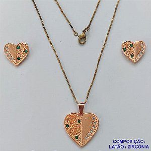 CONJUNTO NO BRUTO PRONTO PARA O BANHO(CX126)- (CRIS) CONJUNTO COM CORRENTE VENEZIANA 45CM COM BRINCOS DE PINO E PINGENTE CORAÇÃO COM ZIRCÔNIAS CRISTAIS E VERDES 14MM - PESO: 7,3GR - COMPOSIÇÃO: LATÃO / ZIRCÔNIA - BRU14999