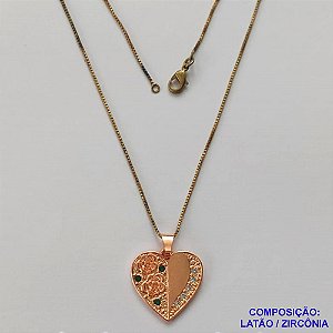 GARGANTILHA NO BRUTO PRONTA PARA O BANHO(CX126)- (CRIS) GARGANTILHA COM CORRENTE VENEZIANA 45CM  E PINGENTE CORAÇÃO COM ZIRCÔNIAS CRISTAIS E VERDES 14MM - PESO: 3,8GR - COMPOSIÇÃO: LATÃO / ZIRCÔNIA - BRU15000