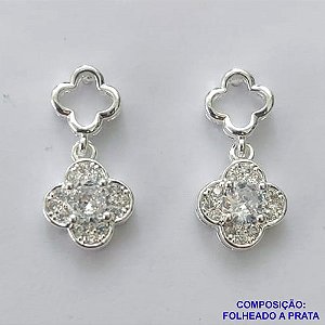 BRINCO FOLHEADA A PRATA COM 50 MILÉSIMOS + VERNIZ DIAMOND - BRINCO DE PINO VAN CLEEF COM MICRO ZIRCÔNIAS 20MM PRA436