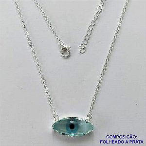 GARGANTILHA FOLHEADO A PRATA COM 50 MILÉSIMOS + VERNIZ DIAMOND - GARGANTILHA CORRENTE CADEADO 40CM PINGENTE ZIRCÔNIA AZUL 21X9MM  + FECHO LAGOSTA - PRA440