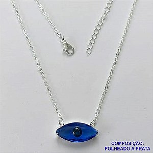 GARGANTILHA FOLHEADO A PRATA COM 50 MILÉSIMOS + VERNIZ DIAMOND - GARGANTILHA CORRENTE CADEADO 40CM PINGENTE ZIRCÔNIA AZUL ESCURO 21X9MM  + FECHO LAGOSTA - PRA442