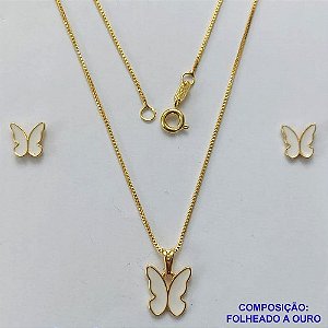 CONJUNTO FOLHEADO A OURO(CJB915) - BANHADO COM 5 MILÉSIMOS + VERNIZ DIAMOND - CONJUNTO COM CORRENTE VENEZIANA 45CM E BRINCOS DE PINO COM PINGENTE BORBOLETA BRANCA 10MM- OURO305