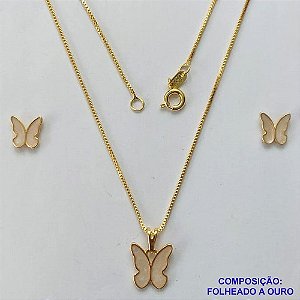 CONJUNTO FOLHEADO A OURO(CJB915) - BANHADO COM 5 MILÉSIMOS + VERNIZ DIAMOND - CONJUNTO COM CORRENTE VENEZIANA 45CM E BRINCOS DE PINO COM PINGENTE BORBOLETA PÉROLA 10MM- OURO306