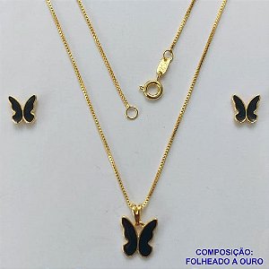 CONJUNTO FOLHEADO A OURO(CJB915) - BANHADO COM 5 MILÉSIMOS + VERNIZ DIAMOND - CONJUNTO COM CORRENTE VENEZIANA 45CM E BRINCOS DE PINO COM PINGENTE BORBOLETA PRETA 10MM- OURO307
