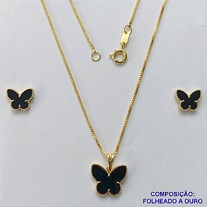 CONJUNTO FOLHEADO A OURO(CJA1056) - BANHADO COM 5 MILÉSIMOS + VERNIZ DIAMOND - CONJUNTO COM CORRENTE VENEZIANA 45CM E BRINCOS DE PINO COM PINGENTE BORBOLETA PRETA 13MM- OURO308