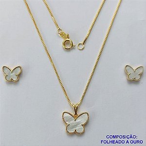 CONJUNTO FOLHEADO A OURO(CJA1056) - BANHADO COM 5 MILÉSIMOS + VERNIZ DIAMOND - CONJUNTO COM CORRENTE VENEZIANA 45CM E BRINCOS DE PINO COM PINGENTE BORBOLETA BRANCA 13MM- OURO309