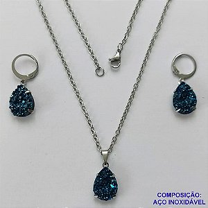 CONJUNTO EM AÇO INOXIDÁVEL - (CX.60)   CONJUNTO CORRENTE (03) 50CM E BRINCO ARGOLINHA DE PRESSÃO COM PINGENTE DRUSA AZUL 10X14- COMPOSIÇÃO: AÇO INOXIDÁVEL - AÇO2014