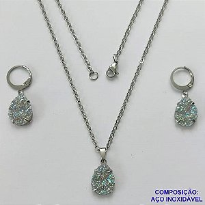 CONJUNTO EM AÇO INOXIDÁVEL -  (CX.60)  CONJUNTO CORRENTE (03) 50CM E BRINCO ARGOLINHA DE PRESSÃO COM PINGENTE DRUSA CINZA 10X14- COMPOSIÇÃO: AÇO INOXIDÁVEL - AÇO2017