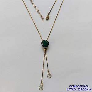 CORRENTE NO BRUTO PRONTA PARA O BANHO - CORRENTE GRAVATINHA (AJUSTÁVEL) 45CM + EXTENSOR - BASE ALTA FUSÃO COM ZIRCÔNIA VERDE ESCURA 12X12MM E GOTAS CRISTAIS 6X8MM - PESO TOTAL 4,4GR - BRU15007