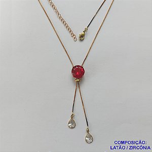 CORRENTE NO BRUTO PRONTA PARA O BANHO - CORRENTE GRAVATINHA (AJUSTÁVEL) 45CM + EXTENSOR - BASE ALTA FUSÃO COM ZIRCÔNIA VERMELHA 12X12MM E GOTAS CRISTAIS 6X8MM - PESO TOTAL 4,4GR - BRU15009