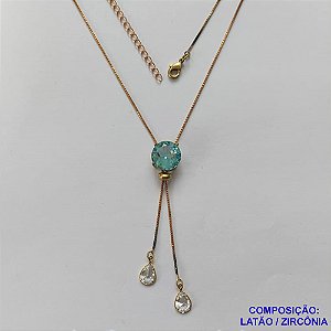 CORRENTE NO BRUTO PRONTA PARA O BANHO - CORRENTE GRAVATINHA (AJUSTÁVEL) 45CM + EXTENSOR - BASE ALTA FUSÃO COM ZIRCÔNIA AZUL CLARA 12X12MM E GOTAS CRISTAIS 6X8MM - PESO TOTAL 4,4GR - BRU15010