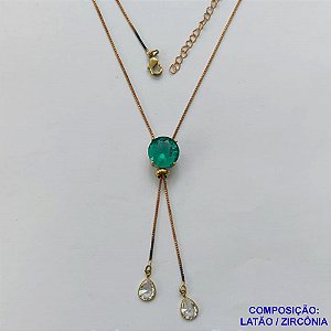 CORRENTE NO BRUTO PRONTA PARA O BANHO - CORRENTE GRAVATINHA (AJUSTÁVEL) 45CM + EXTENSOR - BASE ALTA FUSÃO COM ZIRCÔNIA VERDE 12X12MM E GOTAS CRISTAIS 6X8MM - PESO TOTAL 4,4GR - BRU15013