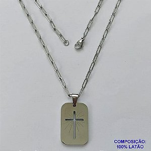 GARGANTILHA EM AÇO INOXIDÁVEL - (12753) - -(CX.126)  GARGANTILHA COM CORRENTE 60CM E PINGENTE PLACA CRUCIFIXO VAZADO 18X30MM - COMPOSIÇÃO: AÇO INOXIDÁVEL - AÇO2031