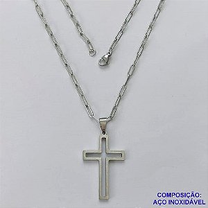 GARGANTILHA EM AÇO INOXIDÁVEL - (12753) - (CX.126)  GARGANTILHA COM CORRENTE 60CM E PINGENTE PLACA CRUCIFIXO VAZADO 23X36MM - COMPOSIÇÃO: AÇO INOXIDÁVEL - AÇO2032