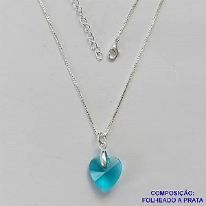 GARGANTILHA FOLHEADO A PRATA COM 50 MILÉSIMOS + VERNIZ DIAMOND - GARGANTILHA CORRENTE VENEZIANA 45CM PINGENTE CORAÇÃO CRISTAL AZUL 13MM  + FECHO LAGOSTA - PRA445