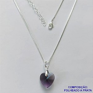 GARGANTILHA FOLHEADO A PRATA COM 50 MILÉSIMOS + VERNIZ DIAMOND - GARGANTILHA CORRENTE VENEZIANA 45CM PINGENTE CORAÇÃO LILÁS 13MM  + FECHO LAGOSTA - PRA447