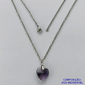 GARGANTILHA EM AÇO INOXIDAVEL - (AÇO03) (CX.127)  GARGANTILHA COM CORRENTE 50CM E PINGENTE CORAÇÃO CRISTAL ROXO 13MM - FECHO LAGOSTA - AÇO2047