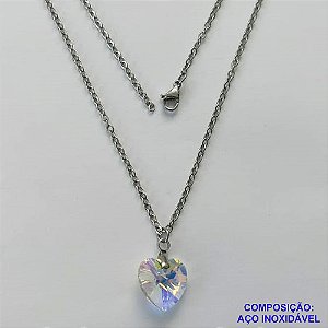 GARGANTILHA EM AÇO INOXIDAVEL - (AÇO03)  (CX.127)  GARGANTILHA COM CORRENTE 50CM E PINGENTE CORAÇÃO CRISTAL 13MM - FECHO LAGOSTA - AÇO2048