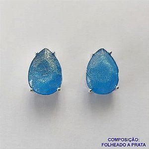 BRINCO FOLHEADA A PRATA COM 50 MILÉSIMOS + VERNIZ DIAMOND - BRINCO DE PINO BASE ALTA FUSÃO AZUL COM BRILHOS 10X14MM PRA454
