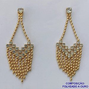 BRINCO FOLHEADO A OURO - BANHADO COM 5 MILÉSIMOS + VERNIZ DIAMOND -  BRINCO DE PINO COM MICRO ZIRCÔNIAS E CORRENTE BOLINHAS 48MM - OURO313