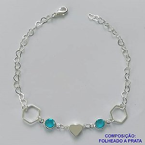 PULSEIRA FOLHEADA A PRATA COM 50 MILÉSIMOS + VERNIZ DIAMOND - PULSEIRA COM CORAÇÃO E PEDRA CRISTAL AZUL - TAMANHO: 19CM E  FECHO LAGOSTA PRA478