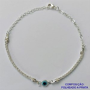 PULSEIRA FOLHEADA A PRATA COM 50 MILÉSIMOS + VERNIZ DIAMOND - PULSEIRA COM STRASS E OLHO GREGO  - TAMANHO: 18CM E  FECHO LAGOSTA + EXTENSOR PRA480