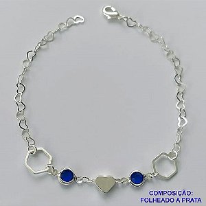 PULSEIRA FOLHEADA A PRATA COM 50 MILÉSIMOS + VERNIZ DIAMOND - PULSEIRA COM CORAÇÃO E PEDRA CRISTAL AZUL ESCURO - TAMANHO: 19CM E  FECHO LAGOSTA PRA481