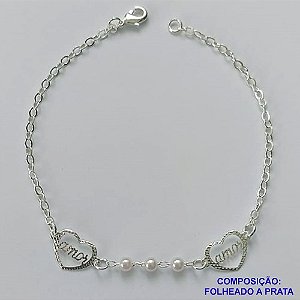 PULSEIRA FOLHEADA A PRATA COM 50 MILÉSIMOS + VERNIZ DIAMOND - PULSEIRA COM PÉROLAS E CORAÇÃO VAZADO ESCRITO AMOR - TAMANHO: 19CM E  FECHO LAGOSTA PRA484