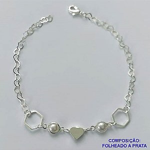 PULSEIRA FOLHEADA A PRATA COM 50 MILÉSIMOS + VERNIZ DIAMOND - PULSEIRA COM CORAÇÃO E PÉROLAS - TAMANHO: 19CM E  FECHO LAGOSTA PRA485
