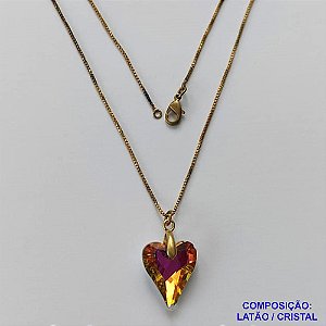 GARGANTILHA NO BRUTO PRONTA PARA O BANHO - GARGANTILHA COM CORRENTE VENEZIANA 45CM E PINGENTE CORAÇÃO CRISTAL LARANJA/ROSA 14X17MM - PESO TOTAL 3,6GR - COMPOSIÇÃO: LATÃO / CRISTAL - BRU15037