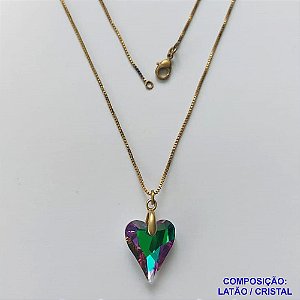 GARGANTILHA NO BRUTO PRONTA PARA O BANHO - GARGANTILHA COM CORRENTE VENEZIANA 45CM E PINGENTE CORAÇÃO CRISTAL VERDE / LILÁS  14X17MM - PESO TOTAL 3,6GR - COMPOSIÇÃO: LATÃO / CRISTAL - BRU15040