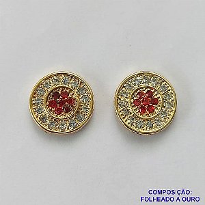 BRINCO FOLHEADO A OURO - BANHADO COM 5 MILÉSIMOS + VERNIZ DIAMOND - BRINCO DE PINO REDONDO COM MICRO ZIRCÕNIAS 13MM - OURO338
