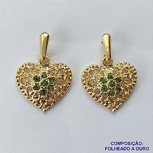 BRINCO FOLHEADO A OURO - BANHADO COM 5 MILÉSIMOS + VERNIZ DIAMOND - BRINCO DE PINO BASE LISA CORAÇÃO COM MICRO ZIRCÔNIAS 15MM - OURO342