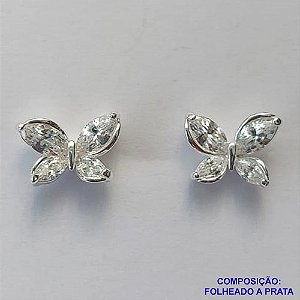 BRINCO FOLHEADA A PRATA COM 50 MILÉSIMOS + VERNIZ DIAMOND - BRINCO DE PINO BORBOLETA COM ZIRCÔNIAS 12MM PRA491