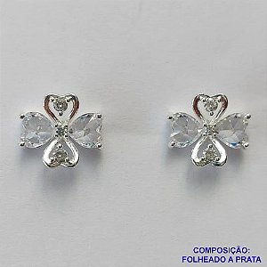 BRINCO FOLHEADA A PRATA COM 50 MILÉSIMOS + VERNIZ DIAMOND - BRINCO DE PINO TREVO COM ZIRCÔNIAS 11MM PRA495