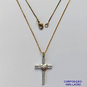 GARGANTILHA NO BRUTO PRONTO PARA O BANHO(CX127) - GARGANTILHA COM CORRENTE VENEZIANA 45CM - PINGENTE CRUCIFIXO COM CORAÇÃO E  MICRO ZIRCÔNIAS 17X27MM - PESO TOTAL 2,0GR - BRU15078