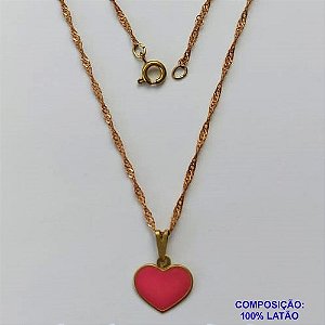 GARGANTILHA NO BRUTO PRONTO PARA O BANHO - GARGANTILHA COM CORRENTE SINGAPURA 45CM - PINGENTE CORAÇÃO ROSA 12MM - PESO TOTAL 2,1GR - BRU15081