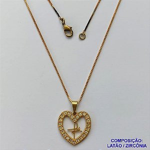 GARGANTILHA NO BRUTO PRONTO PARA O BANHO(CX127) - GARGANTILHA COM CORRENTE VENEZIANA 45CM - PINGENTE CORAÇÃO VAZADO COM MICRO ZIRCÔNIAS ESCRITO FÉ 18MM - PESO TOTAL 3,6GR - BRU15090