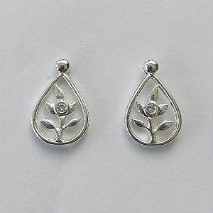 BRINCO FOLHEADA A PRATA COM 50 MILÉSIMOS + VERNIZ DIAMOND - BRINCO DE PINO GOTA VAZADA COM ZIRCÔNIA 10MM PRA508