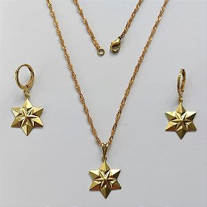 CONJUNTO NO BRUTO PRONTO PARA O BANHO - (E3375)  (CX.131)(  CONJUNTO COM CORRENTE SINGAPURA 45CM E BRINCOS ARGOLINHA DE PRESSÃO COM PINGENTES ESTRELA 16MM - COMPOSIÇÃO: 100% LATÃO - PESO TOTAL 3,4GR - BRU15133
